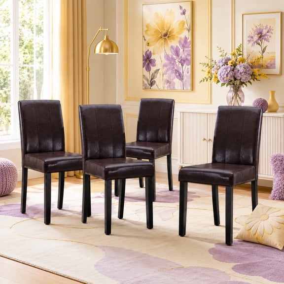 Brown Faux Leather Dining Chairs Set of 4, Upholstered High Back Chairs for Dining Room