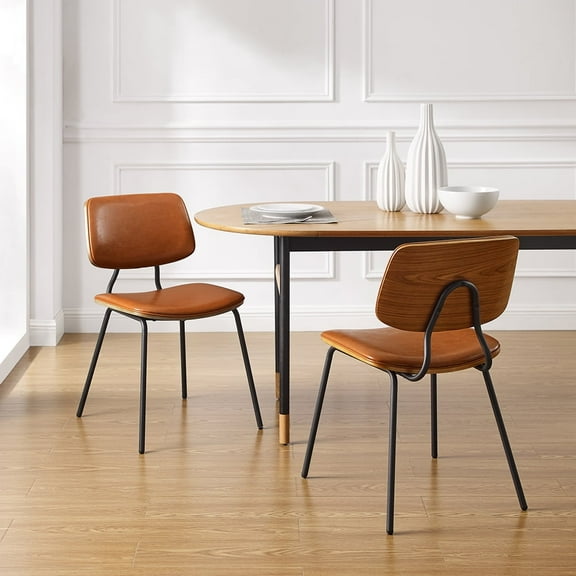 Brown Faux Leather Modern Bentwood Dining Side Chair with Metal Legs in Dining Room