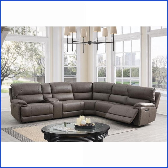 Brown Faux Leather Modern Power Motion Sectional Sofa with Adjustable Headrests & Cup Holders | Brown | Faux Leather | Synthetic Wood