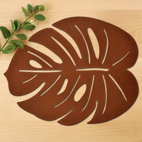 Brown Faux Leather Monstera Leaf Cut-out Perforated Reversible Design Placemats for Dining Table Heat Resistant Scratch Proof Easy to Care Table Mats Kitchen and Décor Set of 2 Pieces