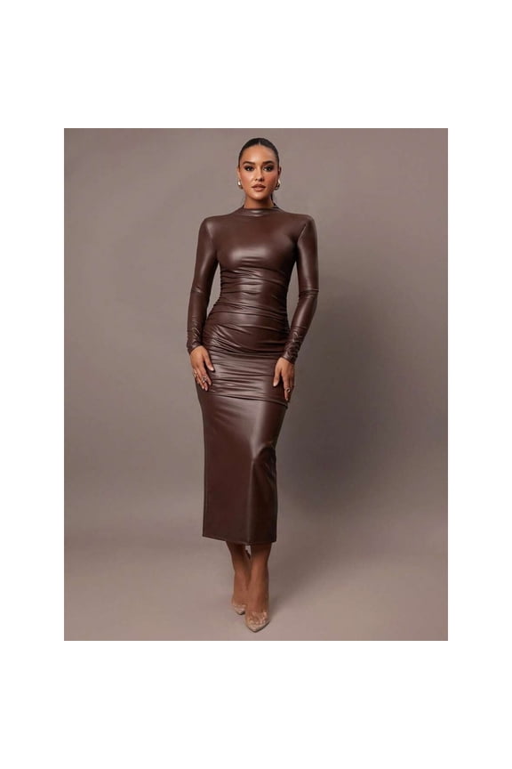 Brown Faux Leather Ruched Long Sleeve High Neck Midi Dress For Women