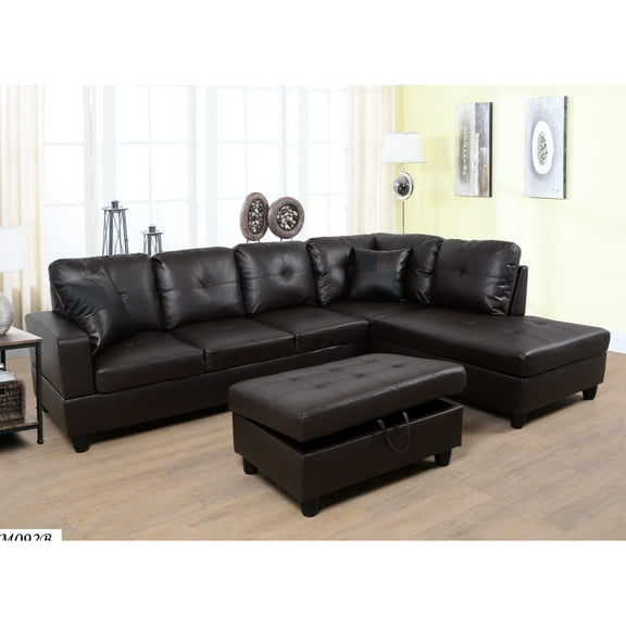 Brown Faux Leather Sectional , Microfiber, Storage Included, 103" X 73.5" 32", Stylish Home Living Room Addition 3 Pc , Upholstery, , Fashionable Upgrade
