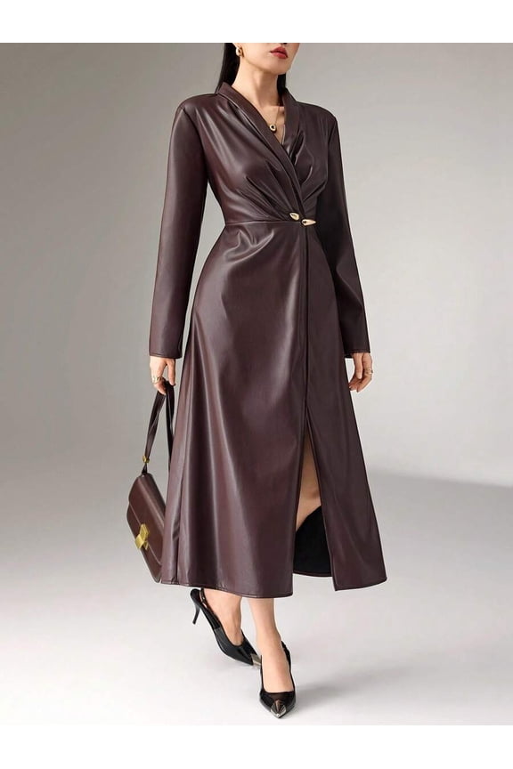 Brown Faux Leather Wrap Midi Dress With Ruched Detail And Side Slit