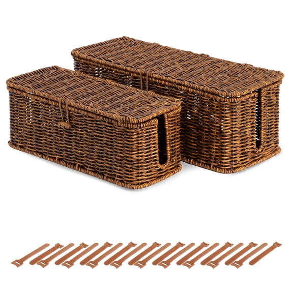 Brown Faux Rattan Wire Cable Organizer Set (L+M) for Desk, Home and Office Use