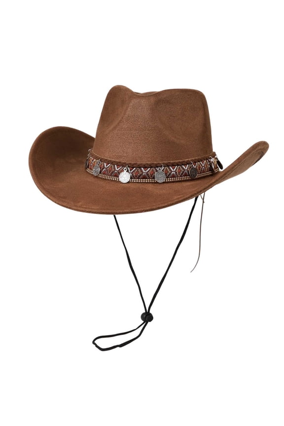 Brown Faux Suede Cowboy Hat Western for Men Women Wide Brim Festival Concert Unisex with Concho Band Adjustable,Size M