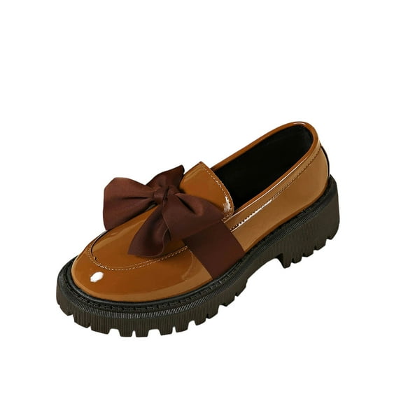 Brown Female British Inspired Loafers With Bow Decor And Patent Leather For Fall Winter Flat And Durable For Large Size