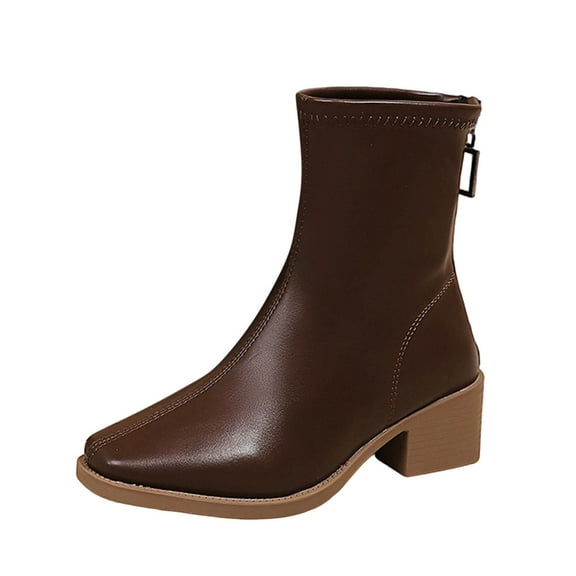 Brown Female British Style Ankle Boots Pointed Toe Back Zipper Chunky Low Heel Pu