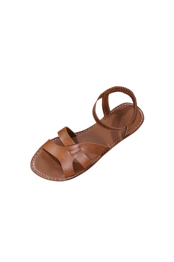 Brown Female Casual Flat Sandals With A Simple Design And Adjustable Elastic Strap, Easy To Wear