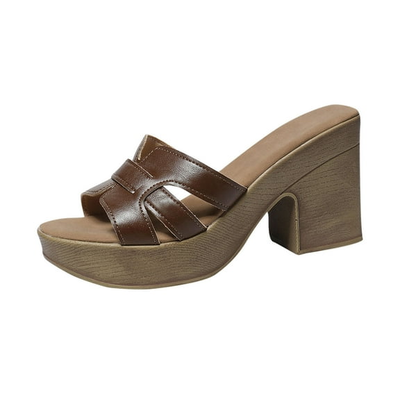 Brown Female Casual Round Toe Slippers Ideal For Daily Life And Beach Visits With 9.5Cm Heel Made From Pu For Long Lasting Wear