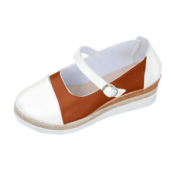 Brown Female Everyday Heels With Round Toe Colorblock Buckle Rope Thick Sole For Outdoor Indoor