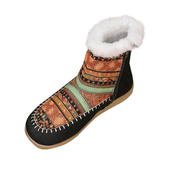 Brown Female Everyday Snow Boots With Ethnic Style Printed Thick Sole For Leisure Comfort Warm