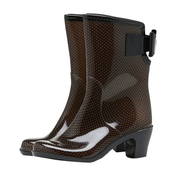 Brown Female Fashion Non-Slip Heel Bow Rain Shoes Mid-Heel Mid-Tube European Design Waterproof For Outdoor Indoor Use Comfort