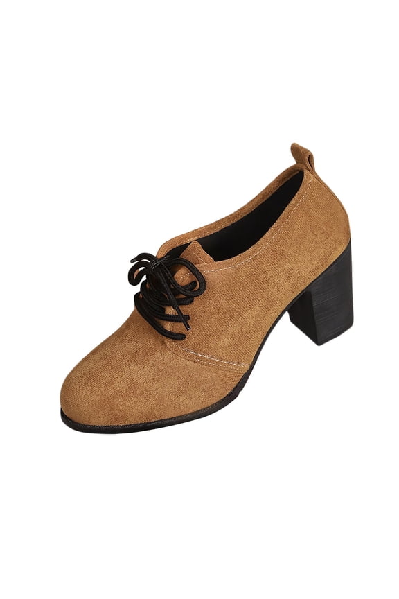 Brown Female Fashion Winter Heels With Lace-Up Detail And 3.1 Inch Thick Heel For Everyday Use