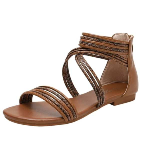 Brown Female Open Toe Roman Sandals With Lightweight Material And Flat Sole For Indoor And Outdoor Use In Plain Design
