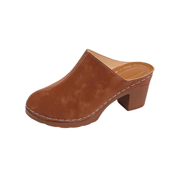 Brown Womens Slip On Clog Mules Block Heel Round Toe Faux Leather Upper Cushioned Footbed Casual Office Wear Size 6