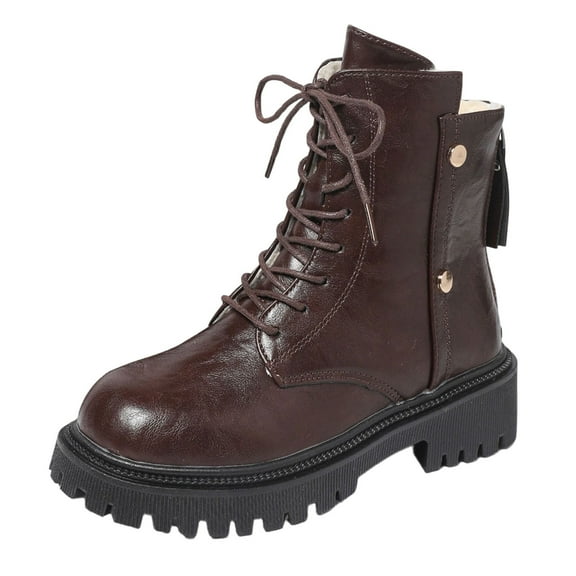Brown Female Winter High Top Flat Sole British Inspired Lace Up Warm Ankle Boots All Season Wear