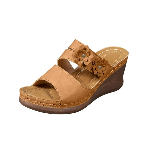 Brown Feminine Durable Spring Summer Footwear Lotus Round Toe Open Toe And One Foot Wedge Heel Thick Soled Perfect For Fishing And Boating