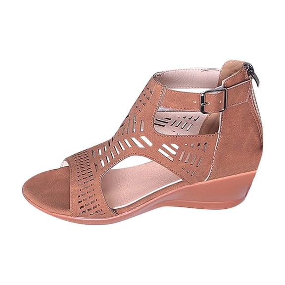 Brown Feminine Everyday Spring Hollow Open Toe Sandals With Thick Heel For Fashion