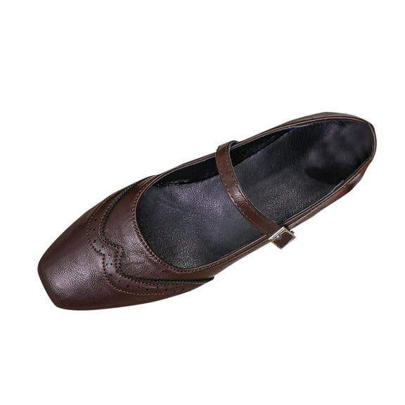 Brown Feminine Everyday Spring Summer Mary Jane Flats With Square Toe Closed Toe And One Strap Buckle Low Heel Ideal For Leisure And Commuting