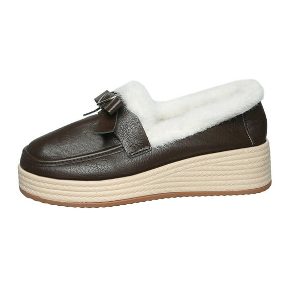Brown Feminine Loafers With Fleece Lining And Solid Color Suitable For Various Activities