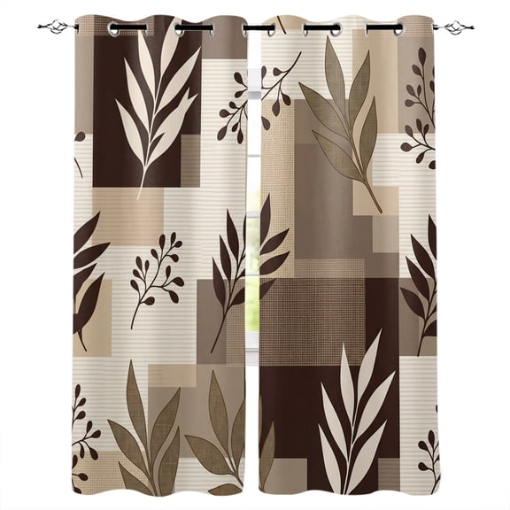 Brown Fern Leaf Blackout Curtains for Bedroom Living Room, Fall Beige Willow Sprigs Tan Layered Blocks 39 In Long Thermal Insulated Room Darkening Drapes Grommet Window Treatments, 27.5 x 39 In