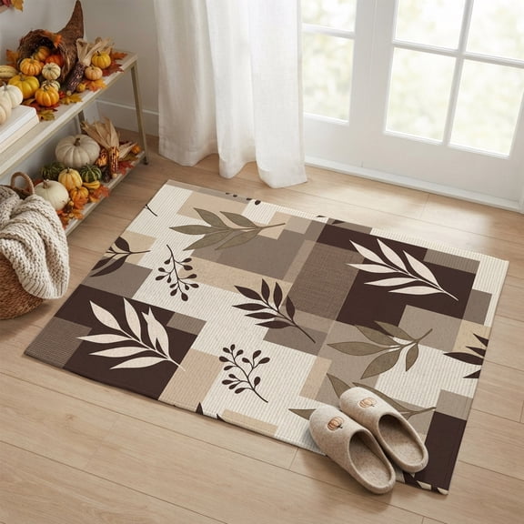 Brown Fern Leaf Door Mat 16x24 Inch Fall Beige Willow Sprigs Tan Layered Blocks Entryway Rug with Non-Slip Rubber, Front Door Mat Indoor Floor Mats for Living Room Bathroom Bedroom Home Office