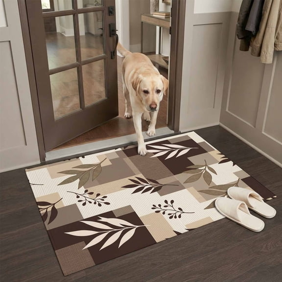 Brown Fern Leaf Front Door Rugs 2x3ft Fall Beige Willow Sprigs Tan Layered Blocks Washable Rug, Non Slip Indoor Carpet Absorbent Floor Mat for Living Room Bedroom Dining Room