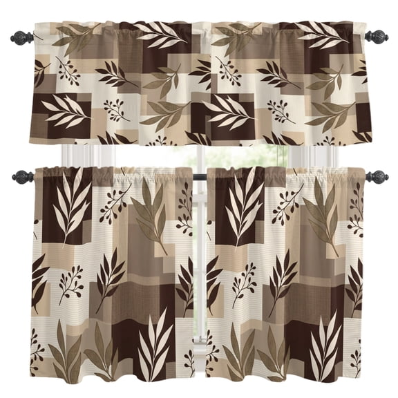 Brown Fern Leaf Kitchen Curtains and Valances Set, Fall Beige Willow Sprigs Tan Layered Blocks 3 Piece Curtains Valances and Tiers Set Rod Pocket for Kitchen Bathroom Windows 24 Inch