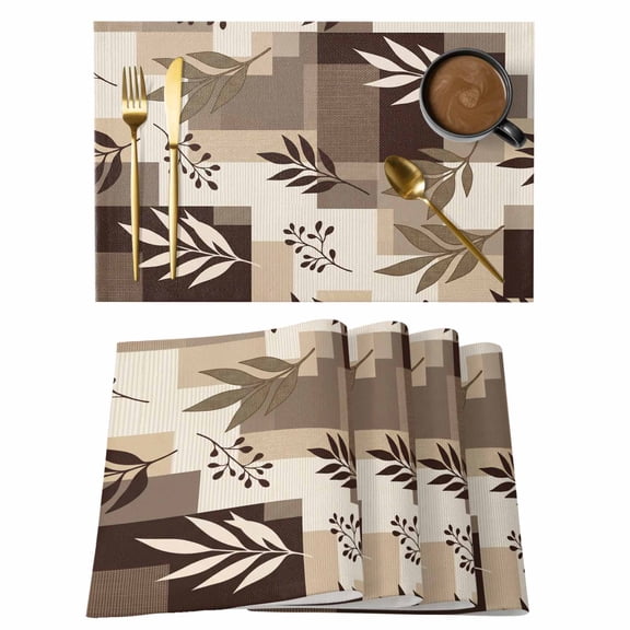 Brown Fern Leaf Placemats Set of 1, Fall Beige Willow Sprigs Tan Layered Blocks Non-Slip Place Mats Washable Table Mats for Kitchen Dining Table Decorations Indoor/Outdoor