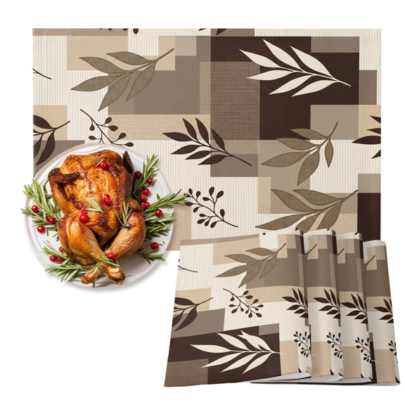 Brown Fern Leaf Placemats Set of 2, Fall Beige Willow Sprigs Tan Layered Blocks Heat Insulated Linen Place Mats, Washable Stain-Proof Table Mats for Dining Tables Holiday Decor 13x19 Inches