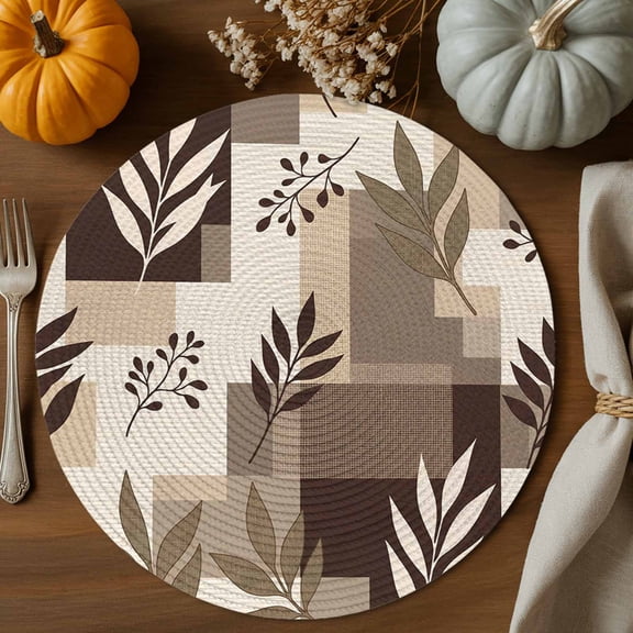 Brown Fern Leaf Round Braided Placemats Set of 2, Fall Beige Willow Sprigs Tan Layered Blocks Non-Slip Place Mats for Dining Table Woven Washable Table Mats 13 inch for Kitchen Decoration