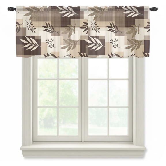 Brown Fern Leaf Sheer Valances for Windows, Fall Beige Willow Sprigs Tan Layered Blocks Semi Sheer Kitchen Valance Rod Pocket Small Voile Window Curtains for Living Room Bedroom 42 x 12 Inch