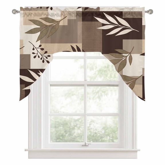 Brown Fern Leaf Swag Curtain Valance for Windows, Fall Beige Willow Sprigs Tan Layered Blocks Swag Curtains Drapes Rod Pocket for Kitchen Bathroom Small Window, 1 Panel 56x36in