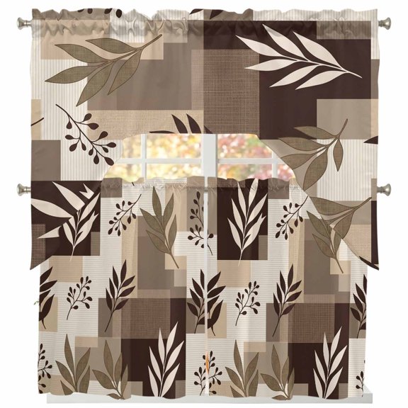 Brown Fern Leaf Swag and Tier Curtains Set, Fall Beige Willow Sprigs Tan Layered Blocks Kitchen Valances with Tier Curtains 36 in Long, Light Filtering Curtains for Sink Laundry Bathroom