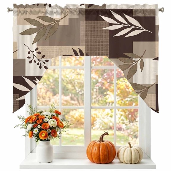 Brown Fern Leaf Swag Valances for Windows 56 x 36 Inch, Fall Beige Willow Sprigs Tan Layered Blocks Rod Pocket Light Filtering Window Topper for Kitchen Bathroom Bedroom Living Room