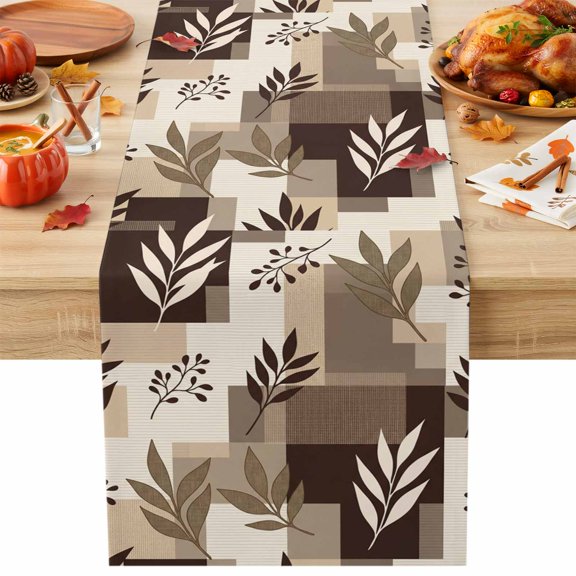 Brown Fern Leaf Table Runner, Fall Beige Willow Sprigs Tan Layered Blocks Cotton Linen Kitchen Table Decoration Washable Dining Tabletop Runners for Home Party Decor 13x72 Inches