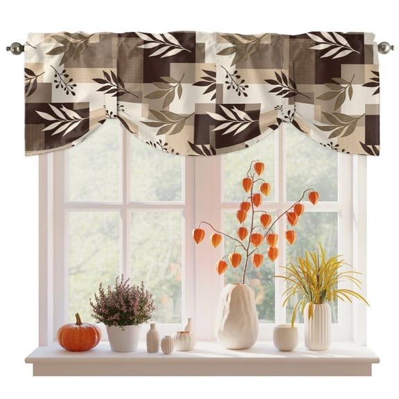 Brown Fern Leaf Tie Up Valances Curtain, Adjustable Kitchen Fall Beige Willow Sprigs Tan Layered Blocks Valances for Windows Decor, Rod Pocket Short Curtains Set for Bedroom Bathroom, 42"x18"