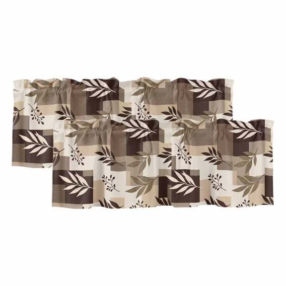 Brown Fern Leaf Valances for Windows 2 Pack, Fall Beige Willow Sprigs Tan Layered Blocks Window Valance Curtains for Kitchen, Rod Pocket Short Curtains for Bathroom Bedroom Decor, 42" x 12"