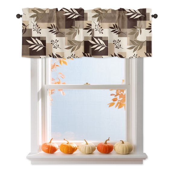 Brown Fern Leaf Valances for Windows, Fall Beige Willow Sprigs Tan Layered Blocks Rod Pocket Valance Short Window Treatments Curtains for Kitchen Bathroom Bedroom Decor, 42 x 12 Inches