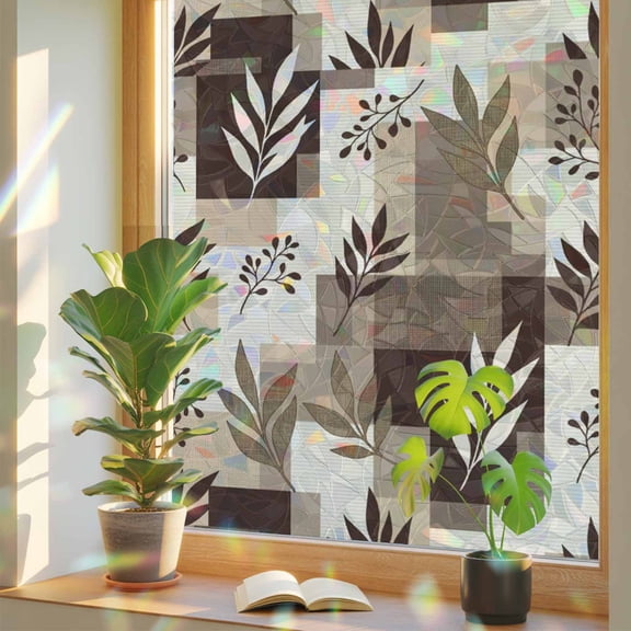 Brown Fern Leaf Window Privacy Film, Fall Beige Willow Sprigs Tan Layered Blocks Stained Glass Holographic Film Decorative Window Clings, Static Cling Sun Blocking Stickers 19.6" x 39.3"