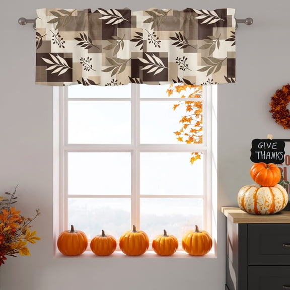 Brown Fern Leaf Window Valance for Kitchen, Fall Beige Willow Sprigs Tan Layered Blocks Rod Pocket Short Curtains for Bathroom Bedroom Small Window, Light Filtering Decorative Valances, 42x18 Inches