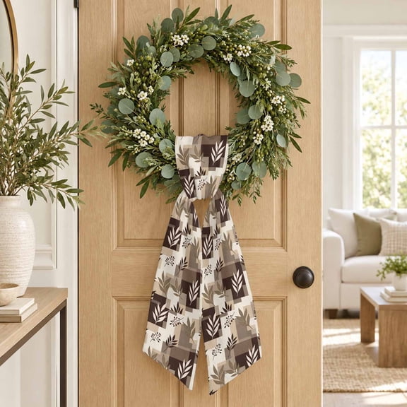 Brown Fern Leaf Wreath Sash, Fall Beige Willow Sprigs Tan Layered Blocks Decorative Ribbon Wreath Sash for Front Door, Porch Indoor Holiday Decor