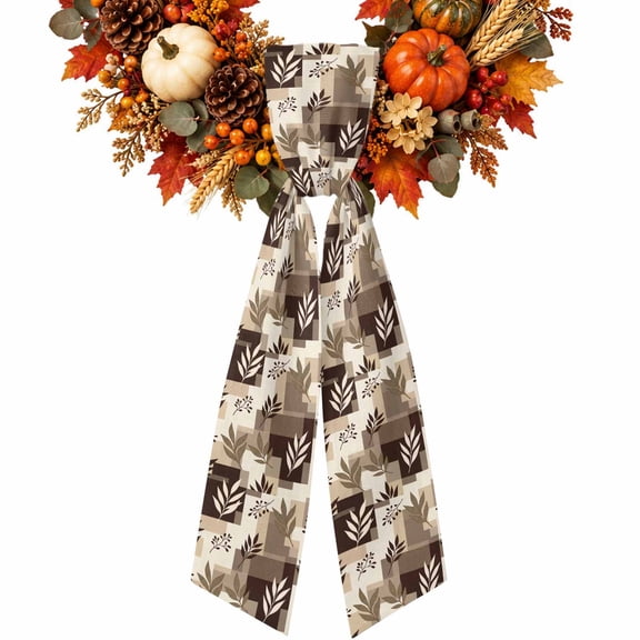 Brown Fern Leaf Wreath Sash for Front Door, Fall Beige Willow Sprigs Tan Layered Blocks Satin Wreath Ribbon Bow Accessory Garland Home Decor for Doorway Porch Yard 4.5x56