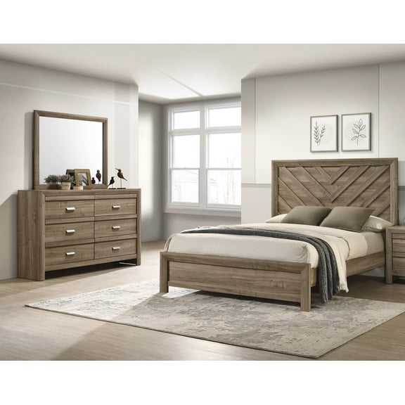 Brown Finish Queen Size Bed Dresser Mirror 3pc Set Chevron-patterned Wooden