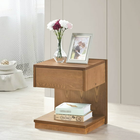 Brown Finish Side Table With Drawer And Port, Wood, Living Room Open Storage Platform Wooden For Area