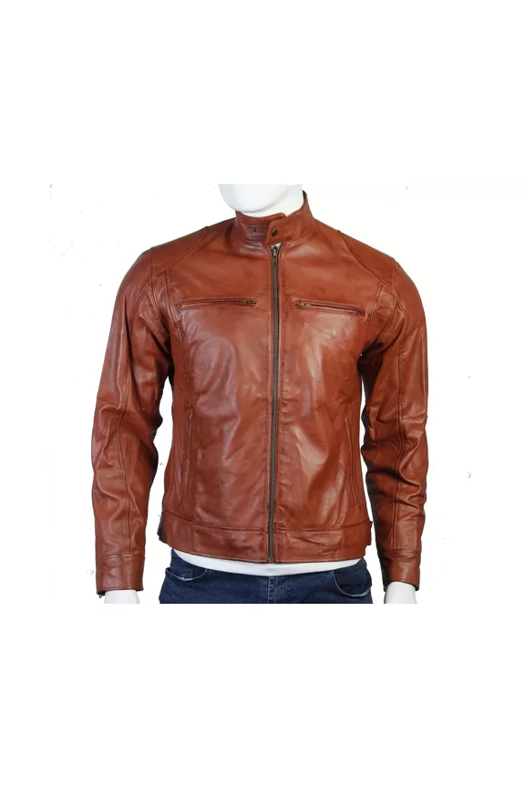 Brown Fit Slim Leather Jacket Lambskin Bikers For Men Racer Coat Party Wear Jacket
