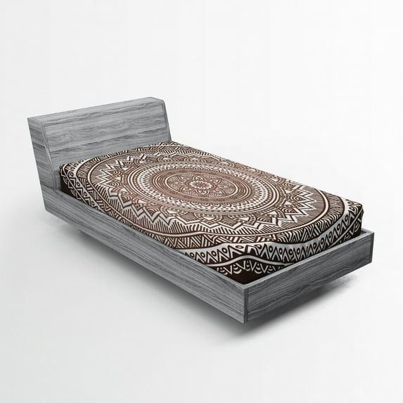 Brown Fitted Sheet, Mandala Pattern and Ombre Detailed Round Flower Art with Accents Print, Soft Decorative Fabric Bedding, Twin XL Size, Dark Brown White, by Ambesonne