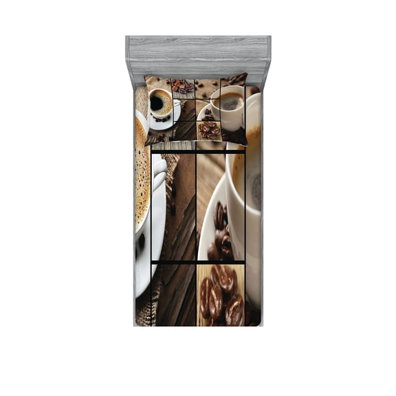 Brown Fitted Sheet & Pillow Sham Set, Coffee Themed Collage Close up Mugs Beans on Wooden Table Aromatic Roasted Espresso Drink, Decorative 4 Piece Bedding Decor Set, Twinxl, Brown, by Ambesonne