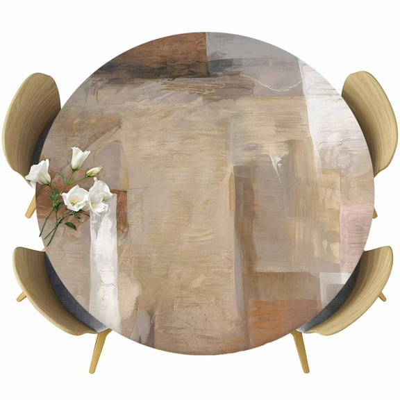 Brown Fitted Tablecloth with Elastic Edged, Round Table Cloth for Dining Table, Abstract Paint Texture Retro Smudge Graffiti Art Waterproof Oil Proof Table Cover for Indoor Outdoor 36"-44"