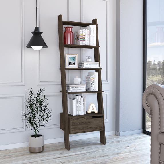 Brown Five-Shelf Ladder Bookcase with Drawer - Walmart.com
